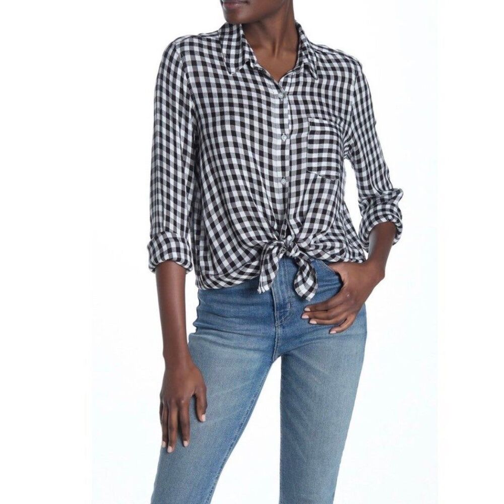 Abound Weekend Tie Front Checkered Button Up Long Sleeve Shirt